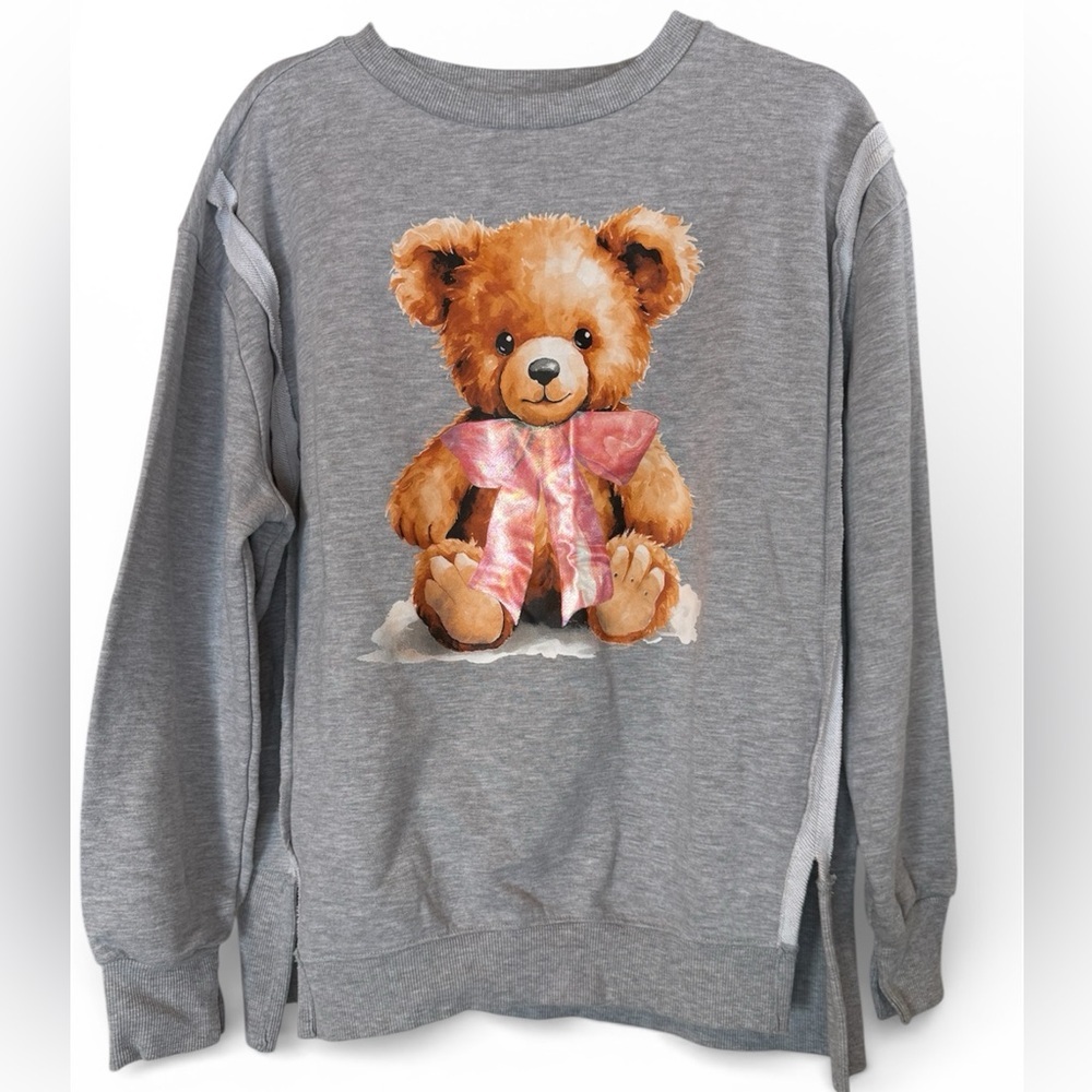 Goodie Two Sleeves Gray Teddy Bear Sweatshirt New